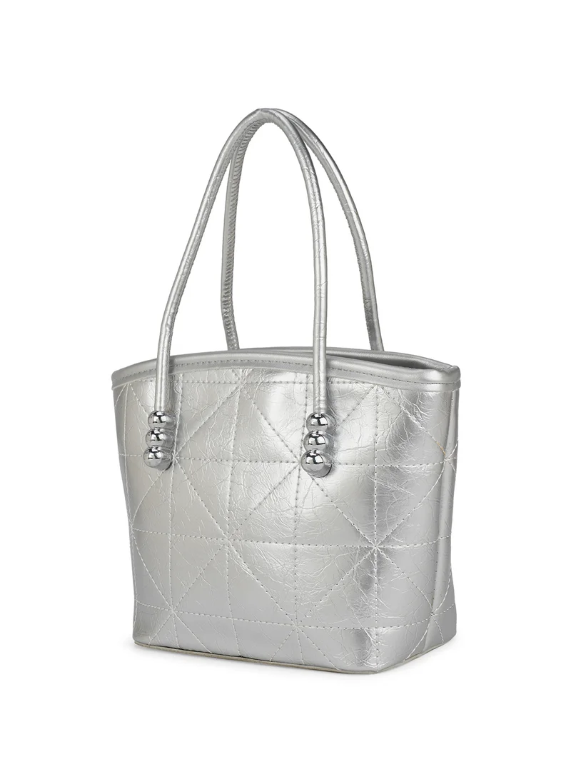 globus Globus Women Silver Textured Double Handle Party Handheld Bag With Detachable Strap